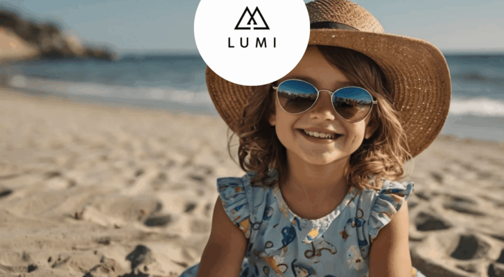 Trẻ đeo kính râm Lumi khi đi biển